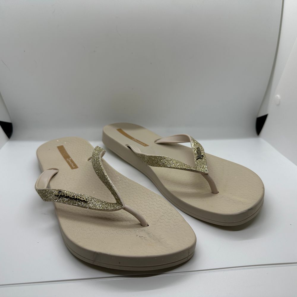 Ipanema‎ Beige Gold Glitter Flip Flops Comfort Sandals Beach Summer Casual